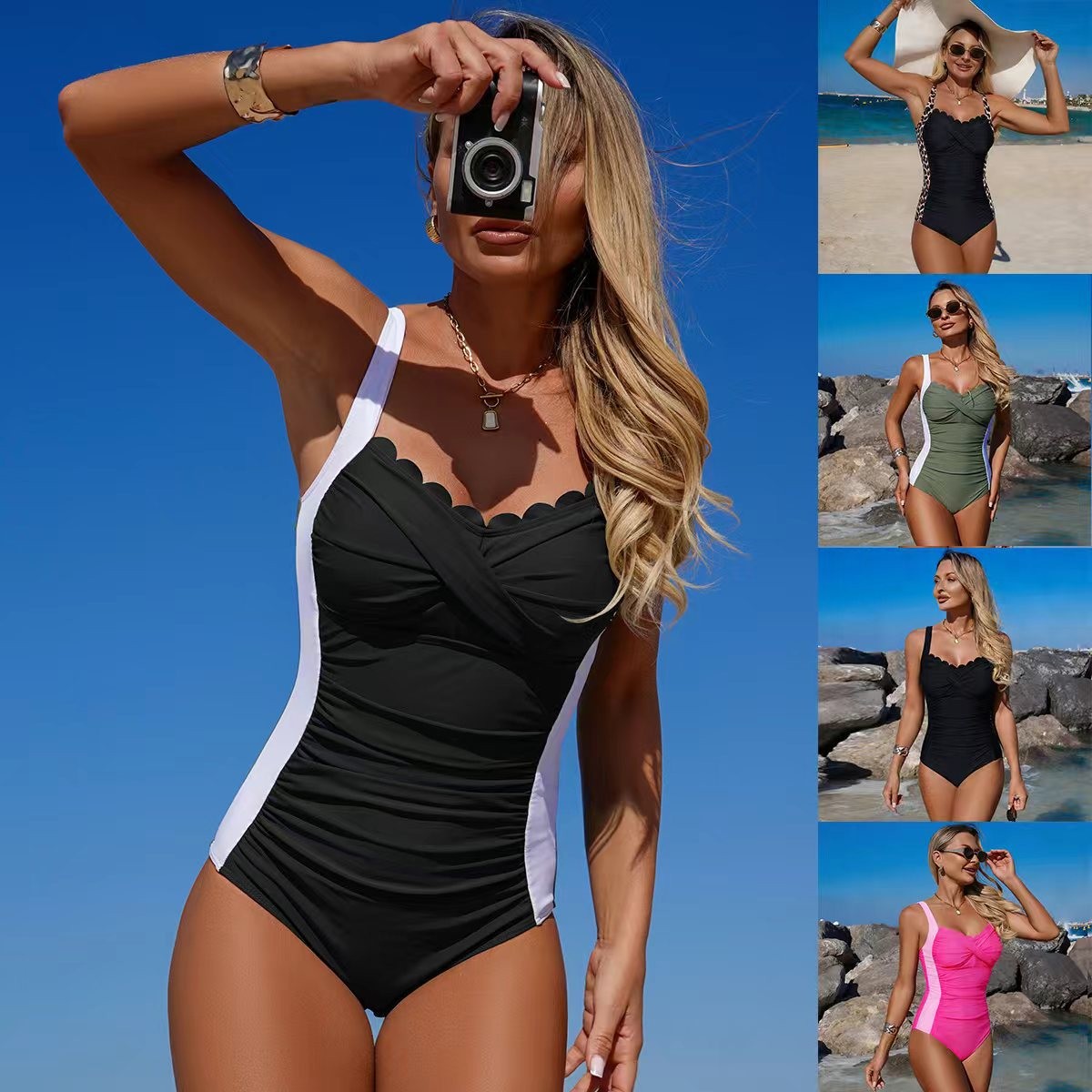 Swimsuit Bikini Ruched - بدلة سباحة سوداء بفتحة رقبة مزخرفة