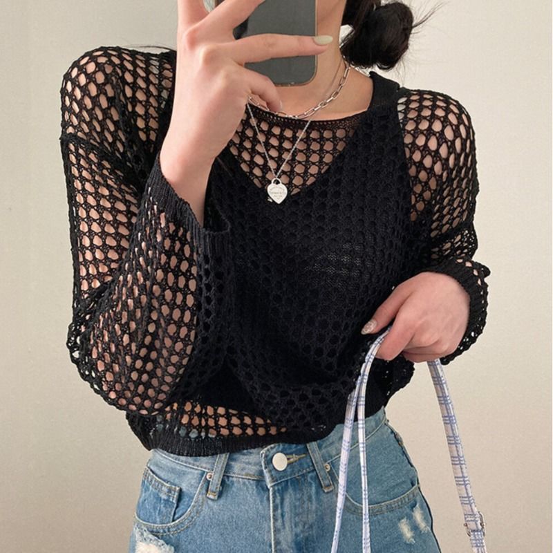 Crop Top Crochet - بلوزة كروشيه مفتوحة التصميم بأكمام طويلة،