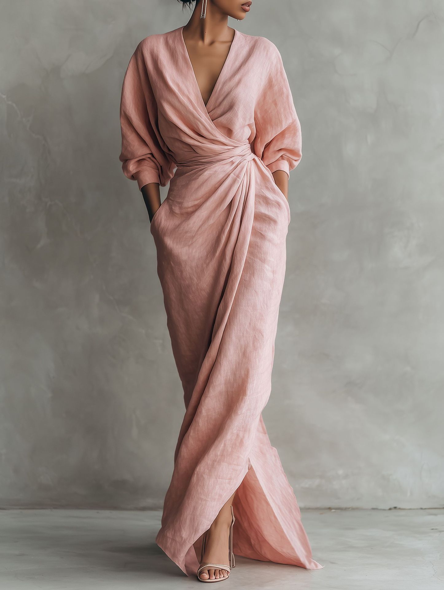 Linen Dress Wrap - فستان ماكسي نسائي من مزيج الكتان