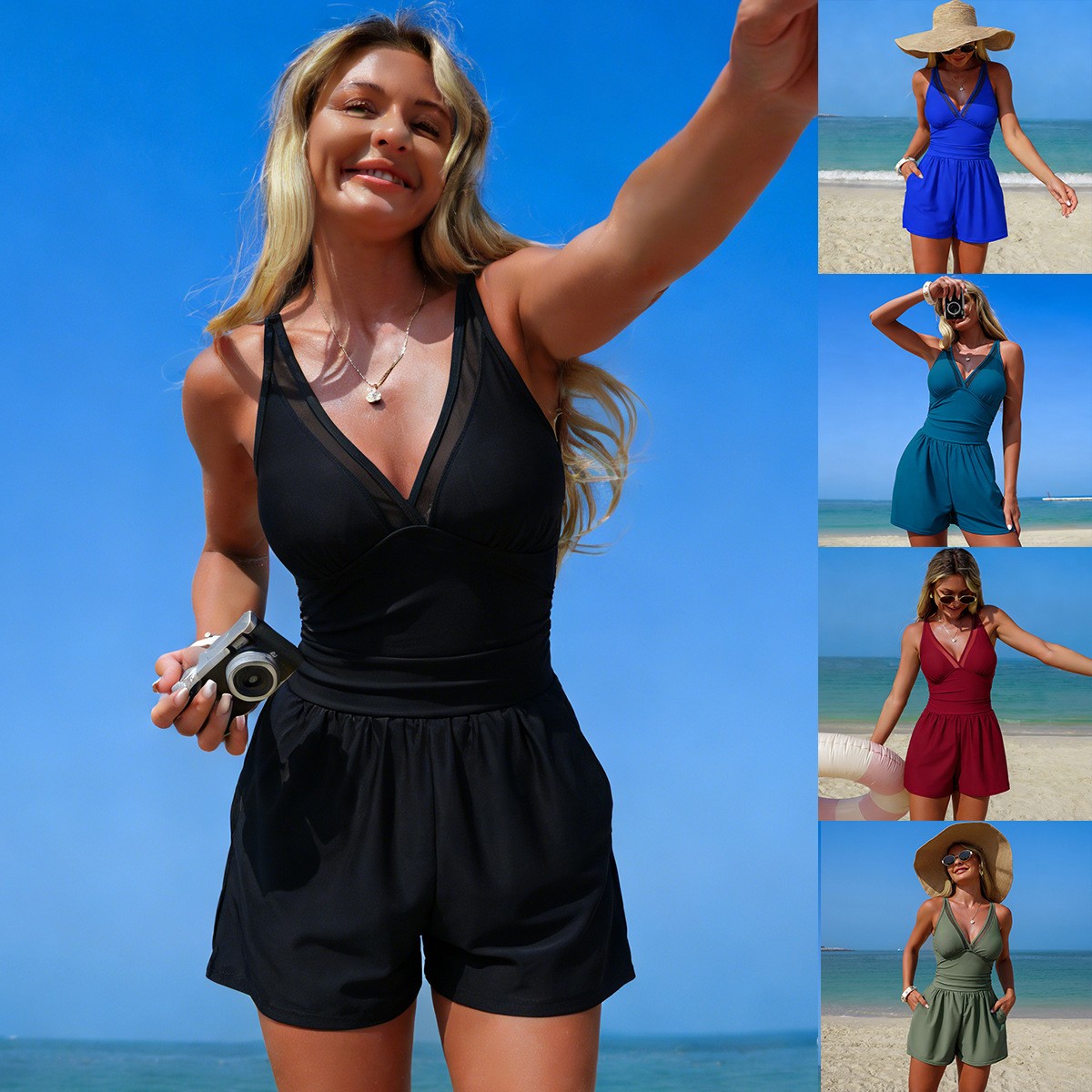 Swimsuit Bikini Ruched - ملابس سباحة سوداء بلون موحد بدون