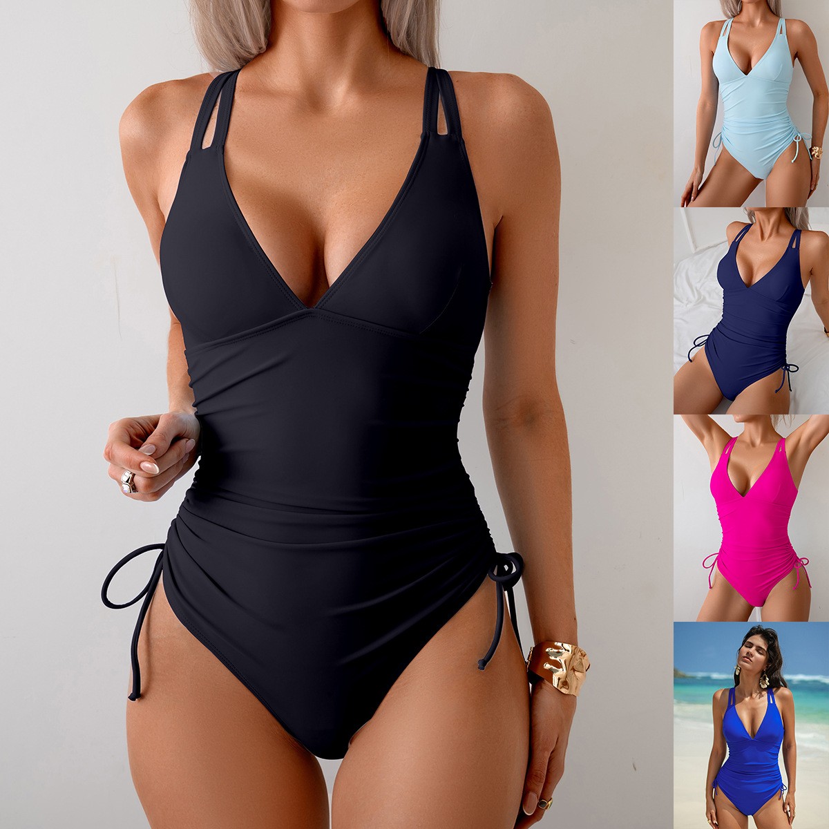 Swimsuit Bikini Ruched - بدلة سباحة سوداء سادة بفتحة رقبة
